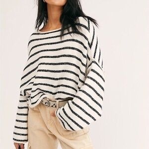 NWOT Free People Bardot Black White Stripe Long Sleeve Scoop Neck Sweater M Boho